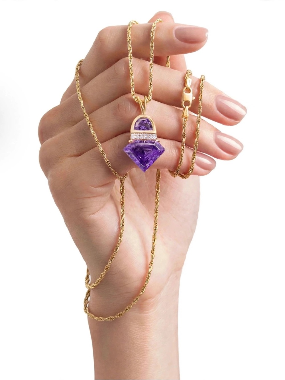 14K Italian Gold Amethyst Diamond Pendant Rope Chain Necklace 11g